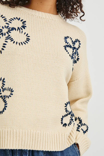 Zoe Sweater Ivory Navy Stitched Daises