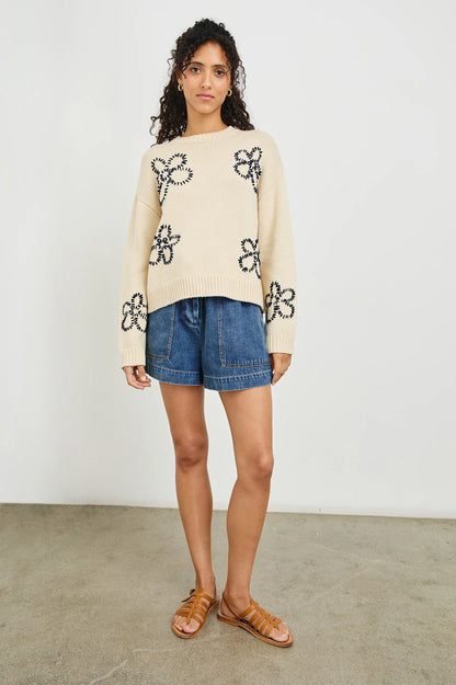 Zoe Sweater Ivory Navy Stitched Daises