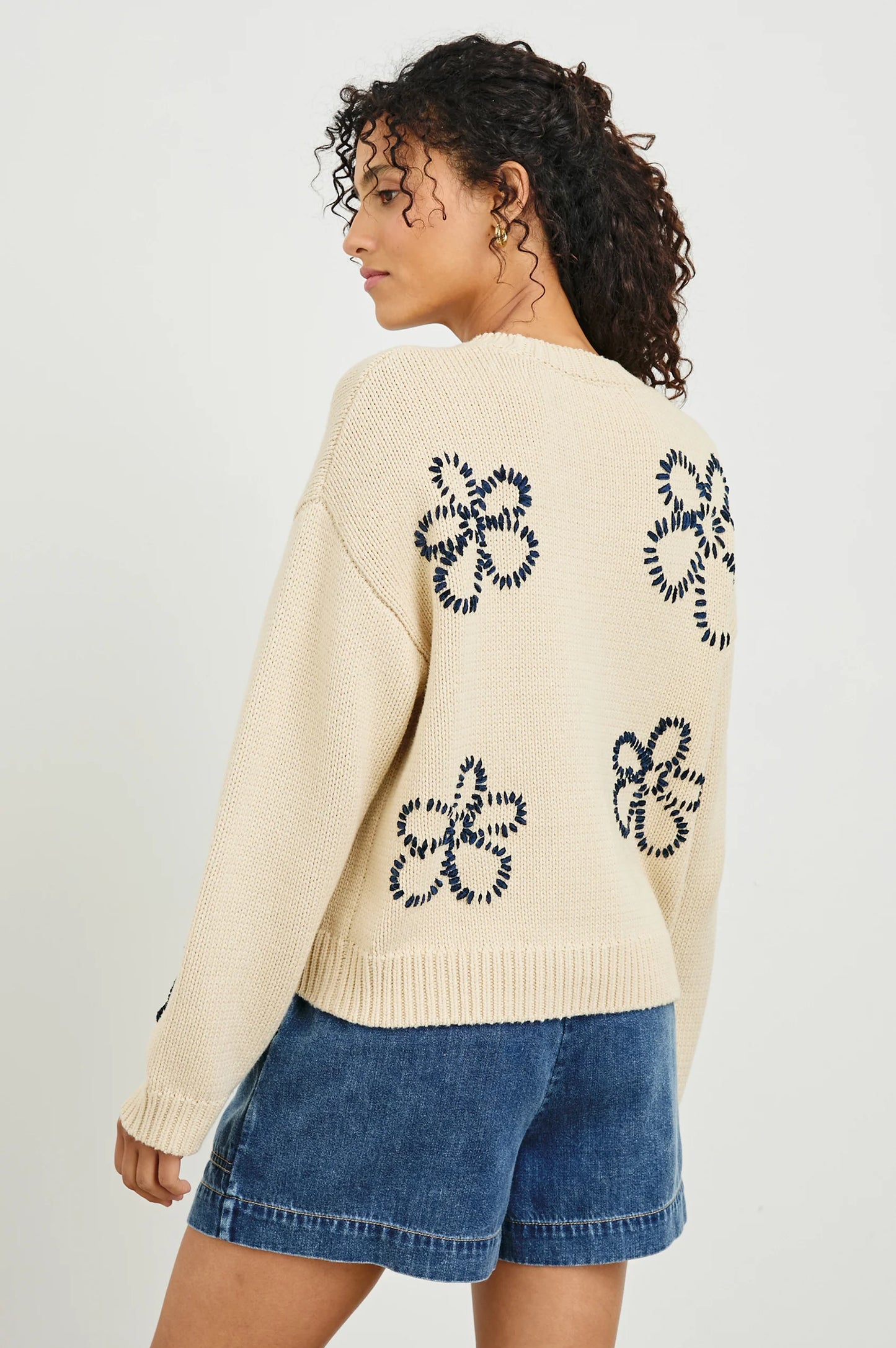 Zoe Sweater Ivory Navy Stitched Daises